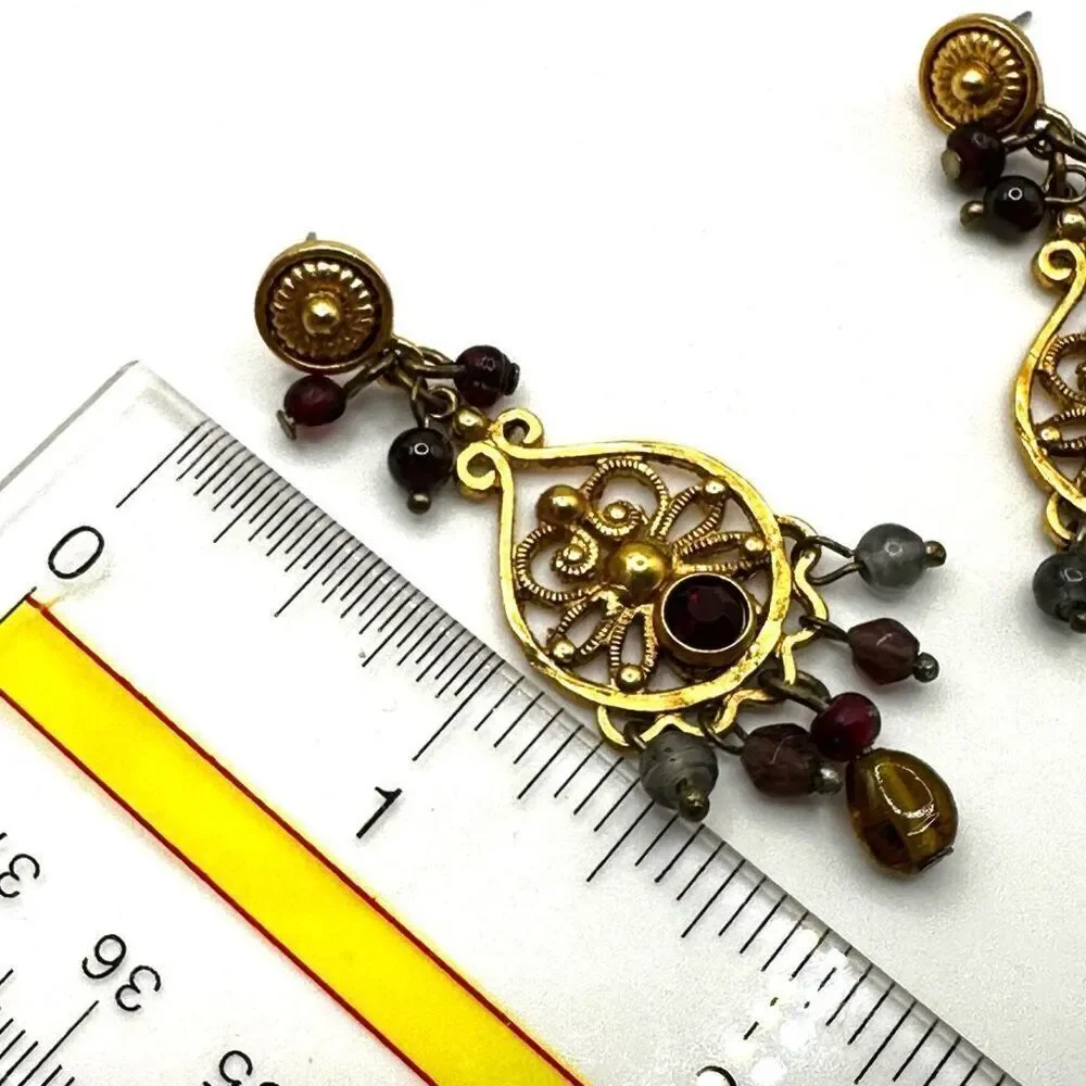 Gold tone beaded red rhinestone drop earrings